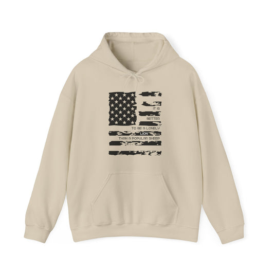 Patriotic, American Flag, Hooded Sweatshirt, Front View Tan